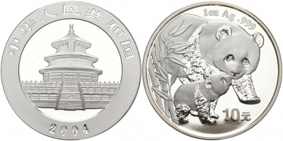 Китай 10 юаней 2004 Панда с детенышем KM 1528 серебро UNC 02-035-43
