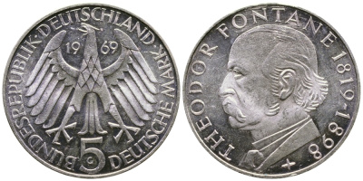 ФРГ 5 марок 1969 G, 150 лет со дня рождения Теодора Фонтана J. 399, KM 125.1 серебро UNC 413-6635