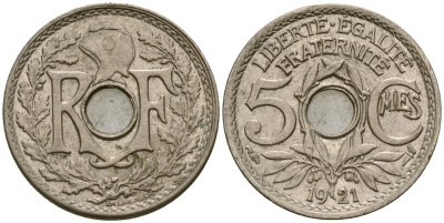 Франция 5 сантимов 1921 KM 875 медно-никель 4164-257