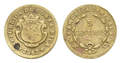 Коста-Рика 5 сентимо 1943 KM 179 латунь 4644-314