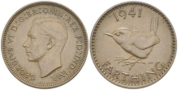 Великобритания 1 фартинг 1941 Георг VI (1936-1952) KM 843, Spink 4116 бронза 4543-1113