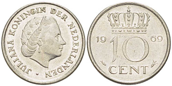 Нидерланды 10 центов 1969 Юлиана (1948-1980) KM 182 никель 214-1244