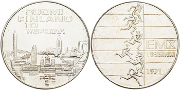 Финляндия 10 марок 1971 S-H, X Чемпионат Европы по легкой атлетике KM 52 серебро 1522-811