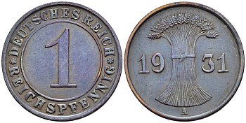 ГЕРМАНИЯ 1 РЕЙХСПФЕННИГ 1931 A KM 37, J. 313, Weege 2 бронза 4547-154