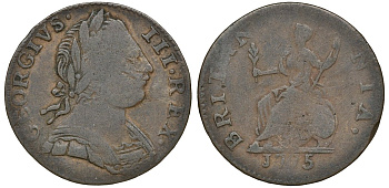Великобритания 1 фартинг 1775 Георг III (1760-1820) KM 602, Spink 3775 медь 4174-738