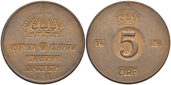 Швеция 5 эре 1963 U, Густав VI Адольф (1950-1973) KM 822 бронза 4557-816