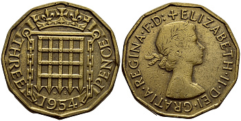 Великобритания 3 пенса 1954 Елизавета II (1952-2022) KM 900, Spink 4153 никель латунь 4393-417