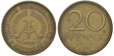 ГДР 20 пфеннигов 1969 А, первый год KM 11 латунь 62-1024