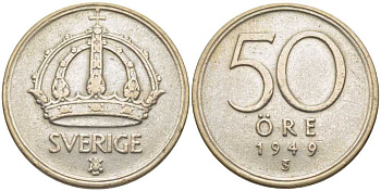 Швеция 50 эре 1949 TS, Густав V (1907-1950) KM 817 серебро 119-1047