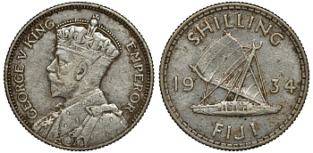 Фиджи 1 шиллинг 1934 Георг V (1910-1936), парусник KM 4 серебро 91-955