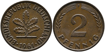 ФРГ 2 пфеннига 1961 F KM 106, J. 381 бронза 99-122