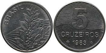 Бразилия 5 крузейро 1983 KM 591, Schon 100 нержавеющая сталь 4514-823