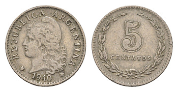 Аргентина 5 сентаво 1940 KM 34 медно-никель 4655-962