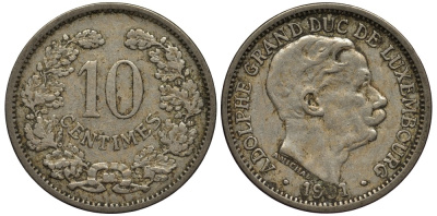 ЛЮКСЕМБУРГ 10 САНТИМОВ 1901 ВЕЛИКИЙ ГЕРЦОГ АДОЛЬФ (1890-1905) КМ 25 медно-никель 4538-714