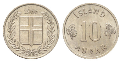 Исландия 10 эйре 1966 KM 10 медно-никель UNC 4668-921