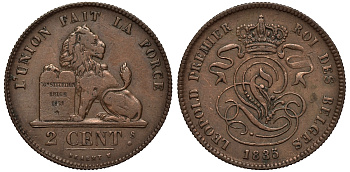 БЕЛЬГИЯ 2 САНТИМА 1835 BELGES KM 4.1 медь 02-264-41