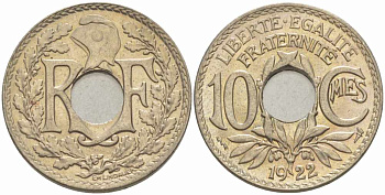 ФРАНЦИЯ 10 САНТИМОВ 1922 tb, ТИП ЛИНДАЙЁ, МОНЕТНЫЙ ДВОР ПУАССИ, МОЛНИЯ KM 866а, LE FRANC 138.7 медно-никель 108-134