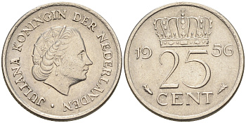 Нидерланды 25 центов 1956 Юлиана (1949-1980) KM 183 никель    4174-644