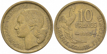 Франция 10 франков 1950 петух KM 915.1, Le Franc 363.2 алюминиевая бронза 4549-1163