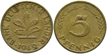 ФРГ 5 ПФЕННИГОВ 1949 D KM 102, J. 377 сталь плакированная латунью 261-1649