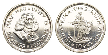 ЮАР 10 центов 1962 тираж - 3844 экземпляров KM 60 серебро PROOF 1527-1141