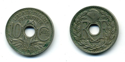 ФРАНЦИЯ 10 САНТИМОВ 1935 ТИП ЛИНДАЙЁ KM 866а, LE FRANC 138.22 медно-никель 84-333