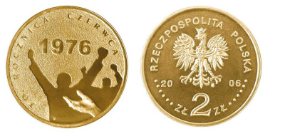 Польша 2 злотых 2006 MW, 30 лет акциям протеста в июне 1976 года KM 571 нордик UNC 603-625