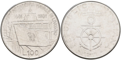 Италия 100 лир 1981 R, 100 лет Военно-морской Академии в Ливорно KM 108 нержавеющая сталь 4538-1125