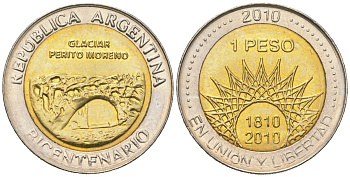 Аргентина 1 песо 2010 200 лет Аргентине - ледник Перито-Морено KM 160 биметалл UNC 4620-655