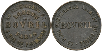 Англия жетон, токен ND BOVRIL, КОМПАНИЯ, ЛОНДОН-ПАРИЖ, В 50 РАЗ БОЛЬШЕ МЯСА, РЕКЛАМНЫЙ ТОКЕН КОНЦЕНТРАТА МЯСНОГО БУЛЬОНА, ДИАМЕТР 21,5 ММ. бронза 99-459