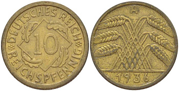 ГЕРМАНИЯ 10 РЕЙХСПФЕННИГОВ 1936 A KM 40, J. 317, Weege 9 алюминиевая бронза 210-425