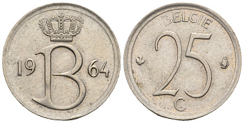 Бельгия 25 сантимов 1964 Belgie, Бодуэн I (1951-1993) KM 154.1 медно-никель 4609-748