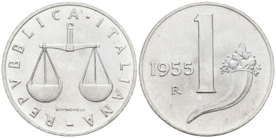 Италия 1 лира 1955 R, весы KM 91 алюминий  UNC  4594-746