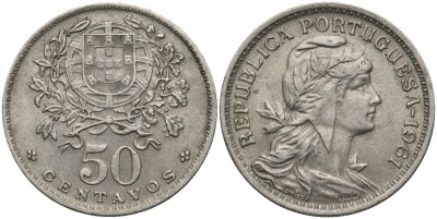 Португалия 50 сентаво 1961 голова Свободы вправо KM 577 медно-никель 27-312
