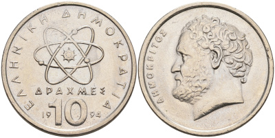 Греция 10 драхм 1994 Демокрит KM 132 медно-никель UNC 92-413