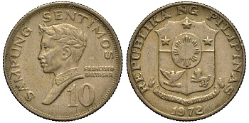 ФИЛИППИНЫ 10 СЕНТИМО 1972 ПОЭТ ФРАНСИСКО БАЛЬТАСАР KM 198 медь цинк никель F 4181-252