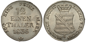 САКСОНИЯ 1/12 ТАЛЕРА 1836 ФРИДРИХ АВГУСТ II (1836-1854) KM 1137, J. 71 серебро UNC 413-4644