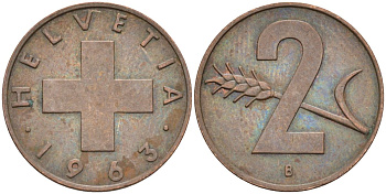 Швейцария 2 раппена 1963 В KM 47 бронза 4582-617