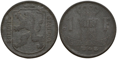 Бельгия 1 франк 1946 Belgie - Belgique, Леопольд III (1934-1947), германская оккупация, Вторая мировая война KM 128 цинк 4161-622