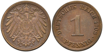 Германия 1 пфенниг 1908 A KM 10, J. 10 медь 4567-1258