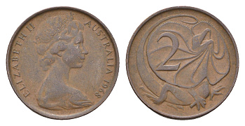Австралия 2 цента 1968 Елизавета II (1952-2022), молодой портрерт, плащеносная ящерица KM 63 бронза 4669-562