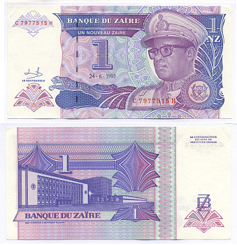 Заир 1 Заир 1993 Мобуту Сесе Секо в военной форме, Центральный банк в Киншасе Pick 52 а бумага UNC (пресс) 8592-6-2-1