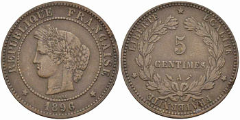 ФРАНЦИЯ 5 САНТИМОВ 1896 A, ТРЕТЬЯ РЕСПУБЛИКА (1871-1940) KM 821.1, LE FRANC 118.38 бронза 108-742