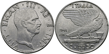 ИТАЛИЯ 50 ЧЕНТЕЗИМО 1941 R, ВИКТОР ИМАНУИЛ, XIX ГОД KM 76b нержавеющая сталь 98-142
