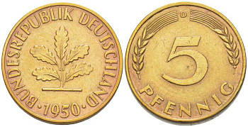 ФРГ 5 ПФЕННИГОВ 1950 D KM 107, J.382 сталь плакированная латунью 206-1131