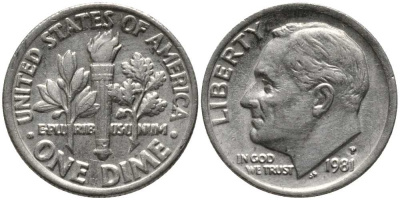 США 10 ЦЕНТОВ = 1 ДАЙМ 1981 Р, РУЗВЕЛЬТ KM 195а медь плакированная медно-никелем 112-638