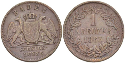 Баден 1 крейцер 1863 Великий Герцог Фридрих I (1856-1907) КМ 242 медь 117-831