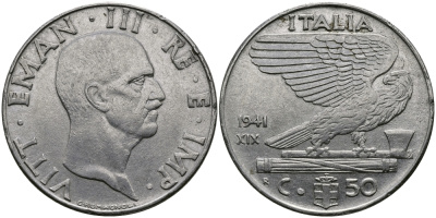 ИТАЛИЯ 50 ЧЕНТЕЗИМО 1941 R, ВИКТОР ИМАНУИЛ, XIX ГОД KM 76b нержавеющая сталь 98-142