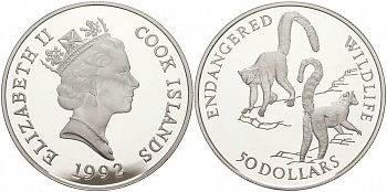 Острова Кука 50 долларов 1992 серия охрана окружающей среды, лемуры KM 262 серебро PROOF 00-000-00