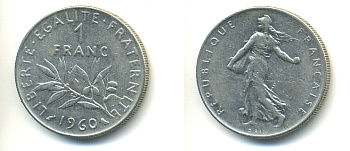 ФРАНЦИЯ 1 ФРАНК 1960 СЕЯТЕЛЬ KM 925.1, LE FRANC 226.4 никель 83-325